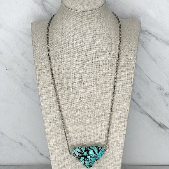 Faux Turquoise Chunk Silver Tone Chain Link Necklace - Picture 1 of 5